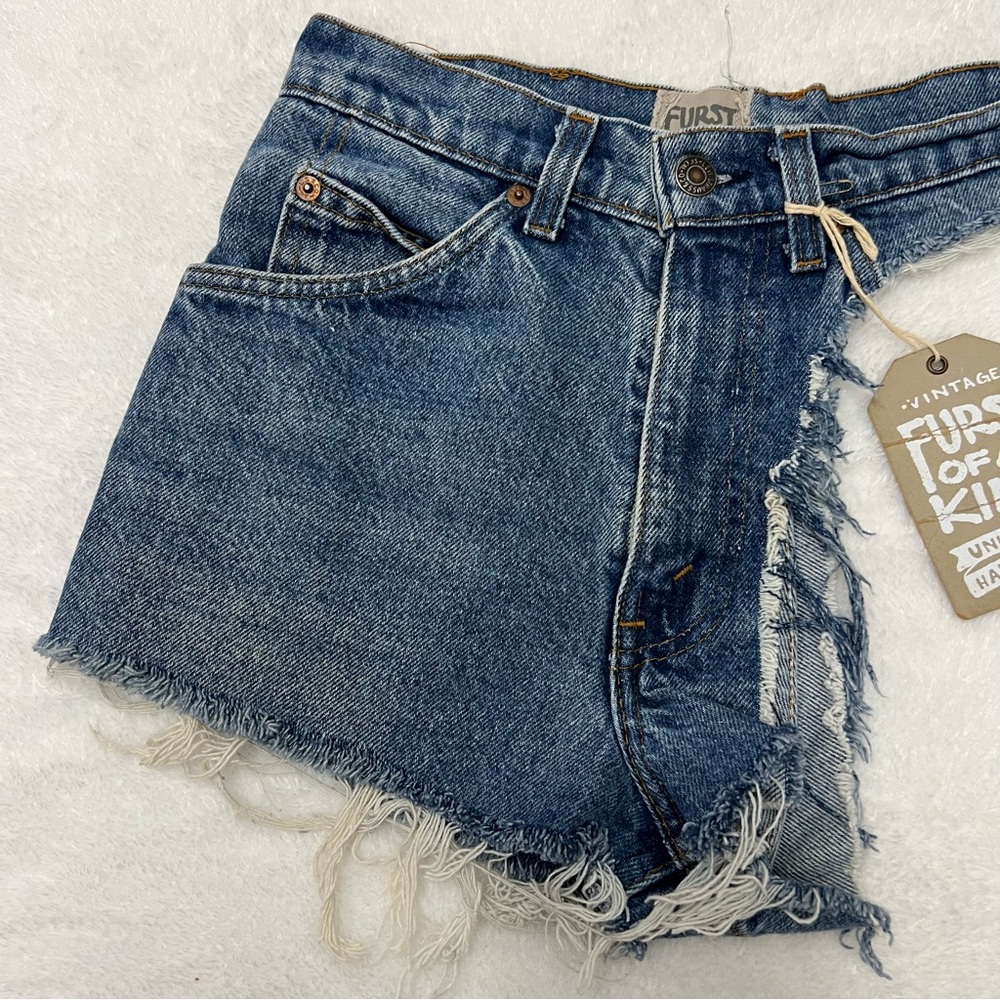 Furst of a Kind Upcycled Orange Tab Vintage Levi’s One Leg Denim Cutoffs Size S - Picture 4 of 12